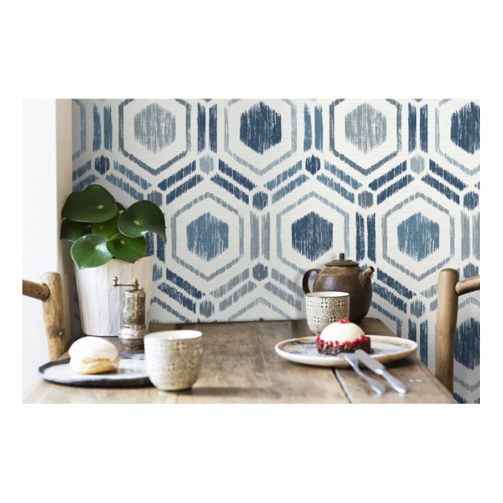 Papel pintado geométrico de hexágonos concéntricos tonos azules - Hagen Etnik 679551