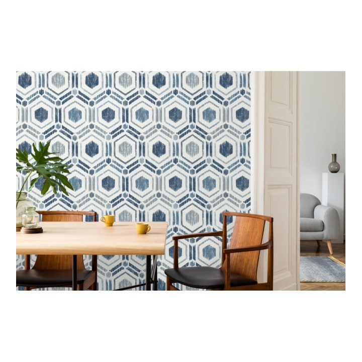 Papel pintado geométrico de hexágonos concéntricos tonos azules - Hagen Etnik 679551