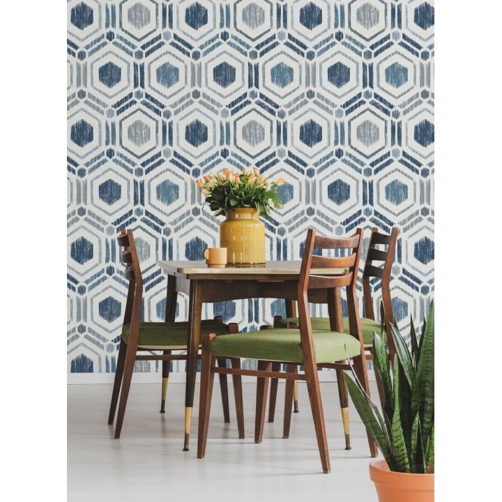 Papel pintado geométrico de hexágonos concéntricos tonos azules - Hagen Etnik 679551
