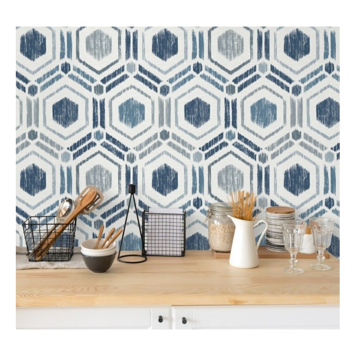 Papel pintado geométrico de hexágonos concéntricos tonos azules - Hagen Etnik 679551