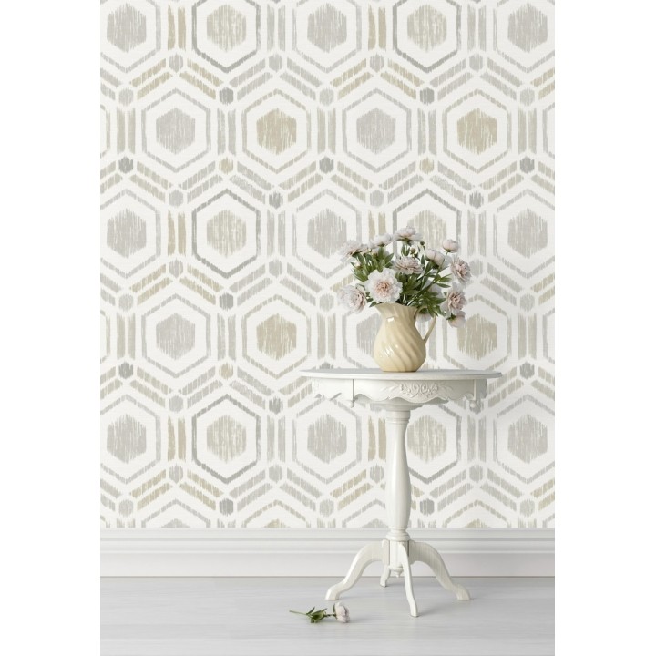 Papel pintado geométrico de hexágonos concéntricos tonos grises - Hagen Etnik 679552