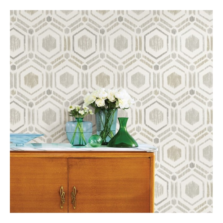 Papel pintado geométrico de hexágonos concéntricos tonos grises - Hagen Etnik 679552