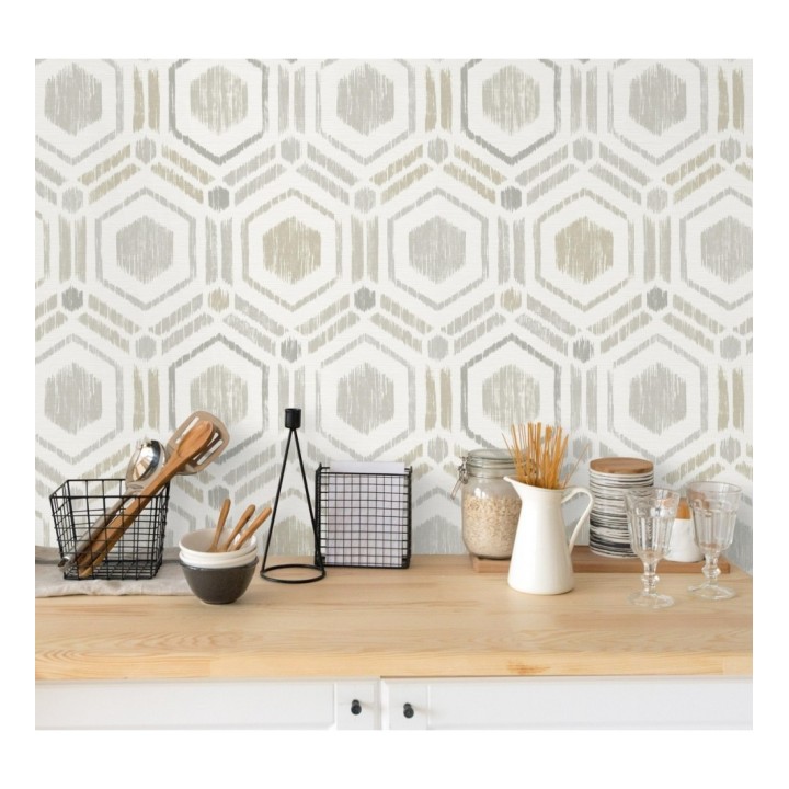 Papel pintado geométrico de hexágonos concéntricos tonos grises - Hagen Etnik 679552