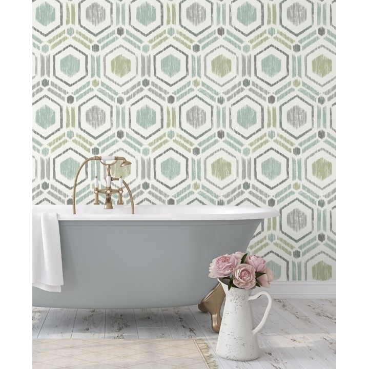 Papel pintado geométrico de hexágonos concéntricos tonos turquesa - Hagen Etnik 679553