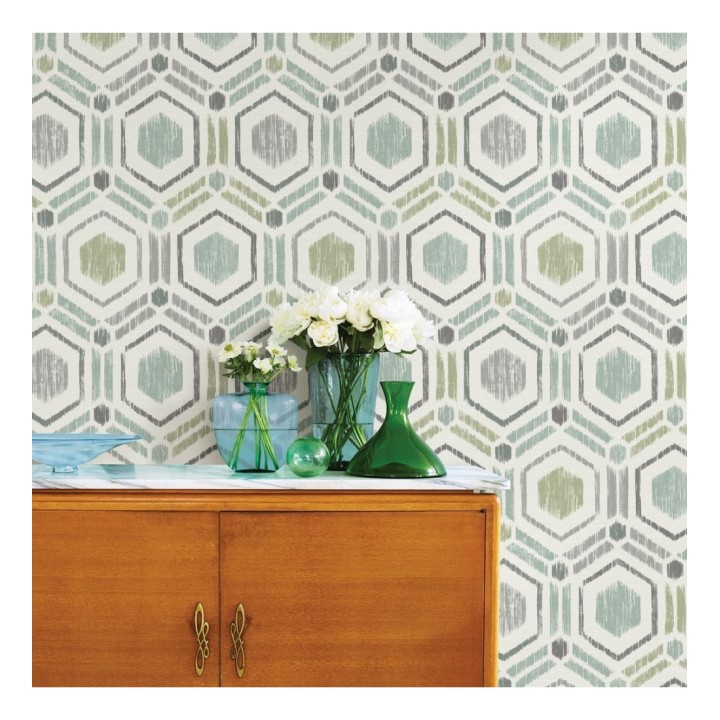 Papel pintado geométrico de hexágonos concéntricos tonos turquesa - Hagen Etnik 679553