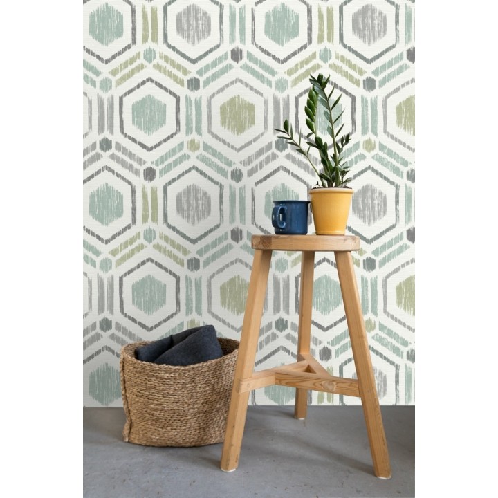 Papel pintado geométrico de hexágonos concéntricos tonos turquesa - Hagen Etnik 679553