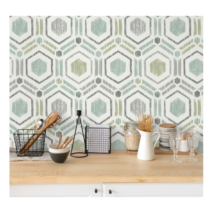 Papel pintado geométrico de hexágonos concéntricos tonos turquesa - Hagen Etnik 679553