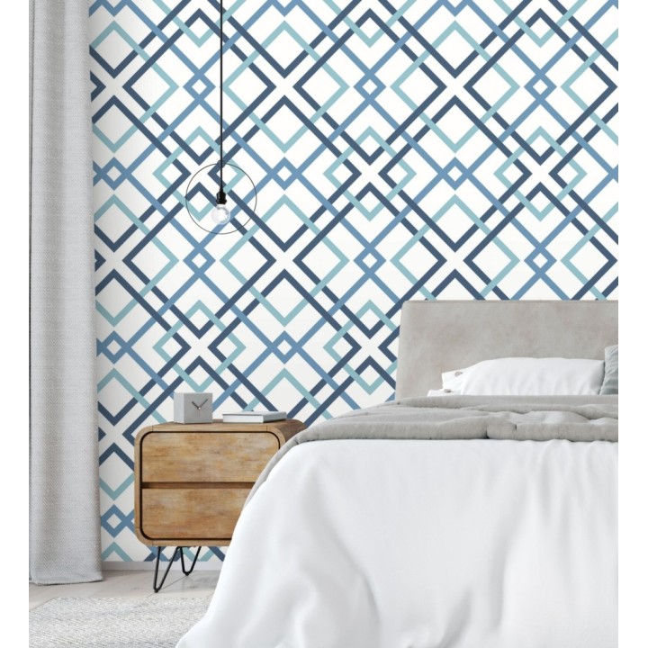 Papel pintado geométrico cuadros entrelazados estilo nórdico tonos azules - Copenhagen 679554