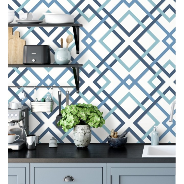 Papel pintado geométrico cuadros entrelazados estilo nórdico tonos azules - Copenhagen 679554