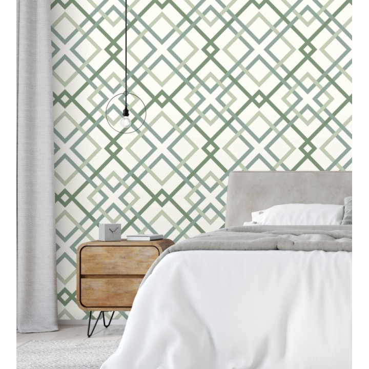 Papel pintado geométrico cuadros entrelazados estilo nórdico tonos verdes - Copenhagen 679555
