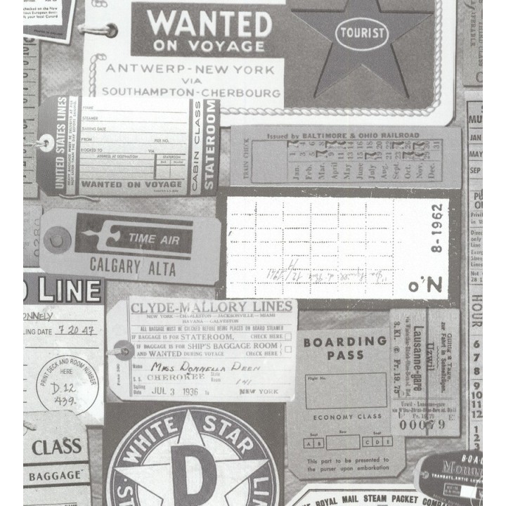 Papel pintado vintage tickets de viajes blanco y negro - Oneil 7423