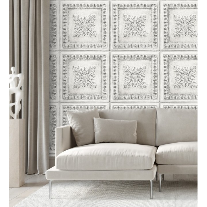 Papel pintado cuarterones estampados de madera teñida en blanco - Clarence House 679612