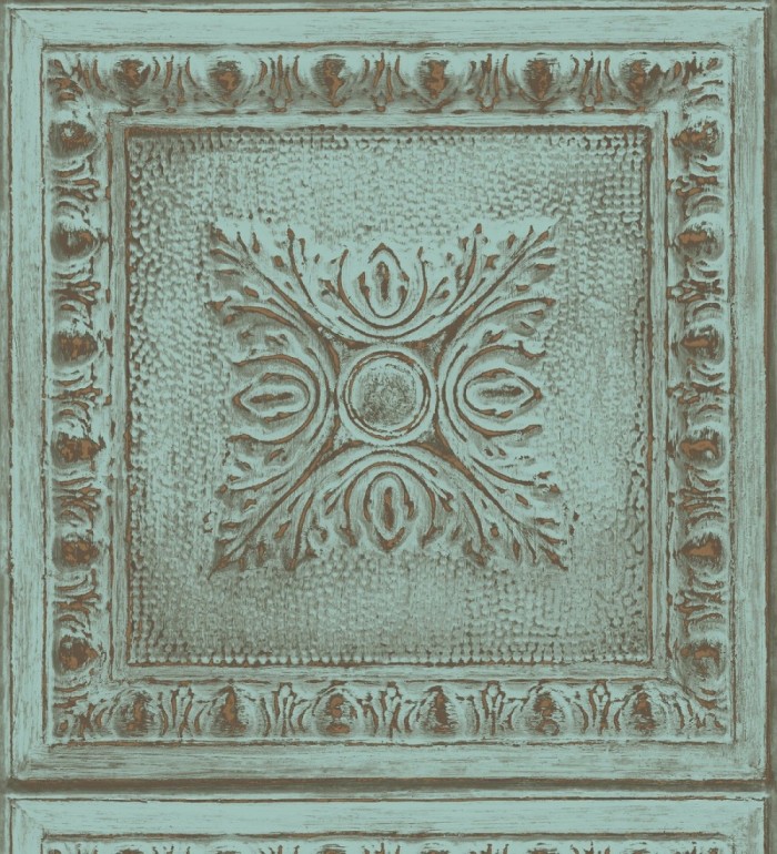 Papel pintado cuarterones estampados de madera teñida en turquesa - Clarence House 679613