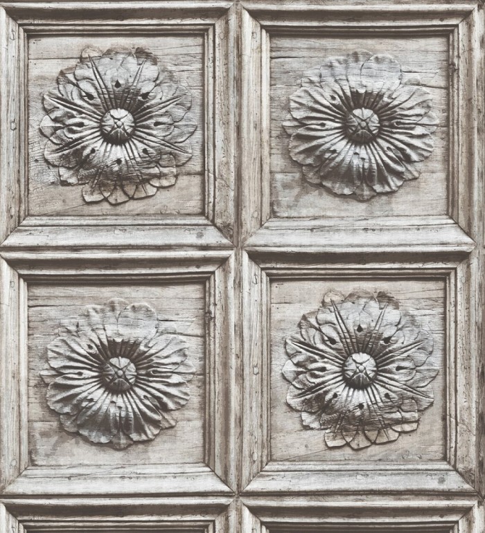 Papel pintado cuarterones con rosetones efecto madera tallada envejecida - Napoli 679616