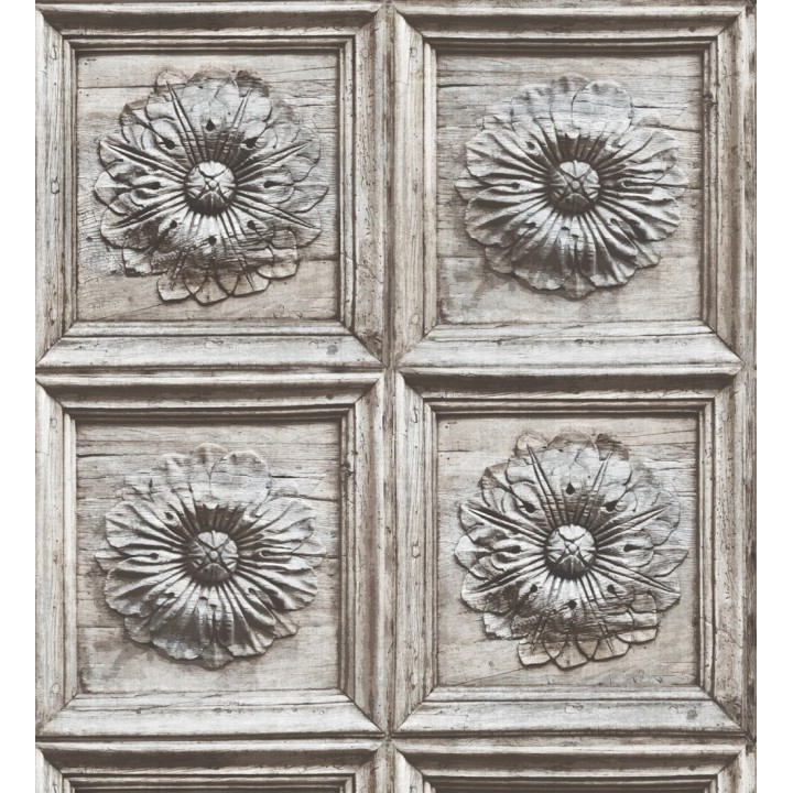 Papel pintado cuarterones con rosetones efecto madera tallada envejecida - Napoli 679616