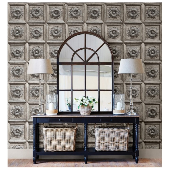 Papel pintado cuarterones con rosetones efecto madera tallada envejecida - Napoli 679616