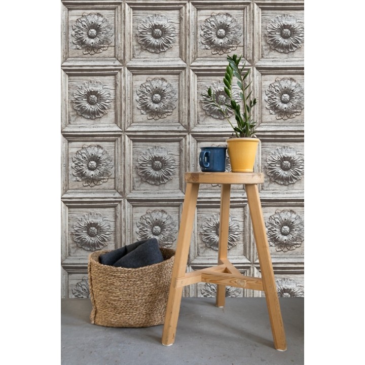 Papel pintado cuarterones con rosetones efecto madera tallada envejecida - Napoli 679616