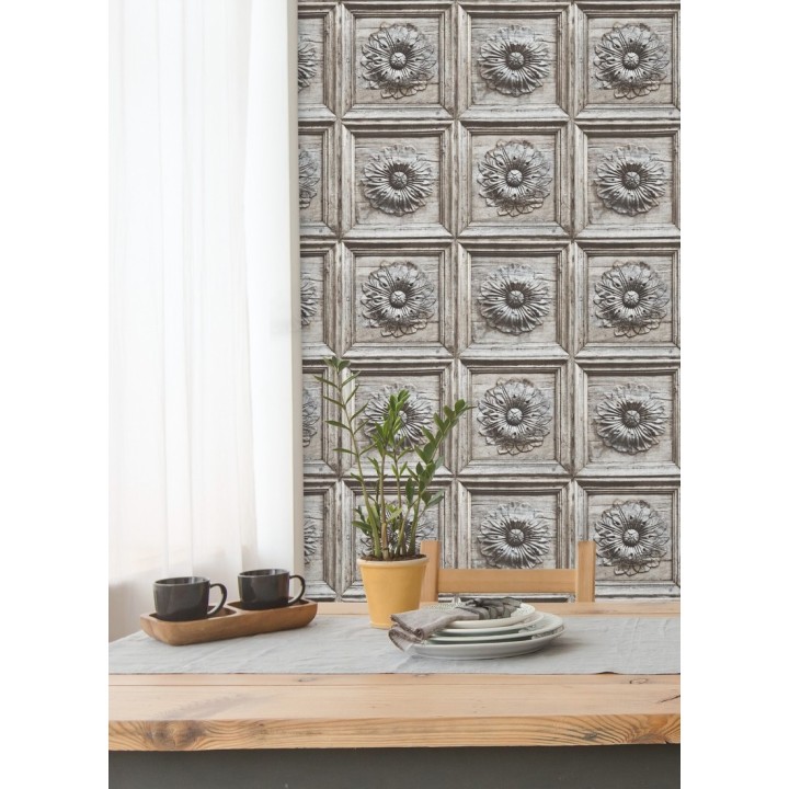 Papel pintado cuarterones con rosetones efecto madera tallada envejecida - Napoli 679616
