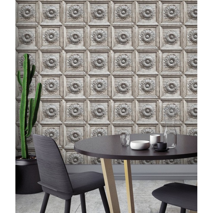 Papel pintado cuarterones con rosetones efecto madera tallada envejecida - Napoli 679616