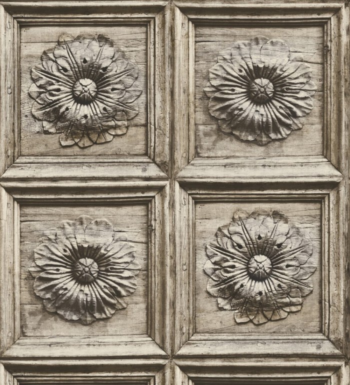 Papel pintado cuarterones con rosetones efecto madera tallada envejecida - Napoli 679617