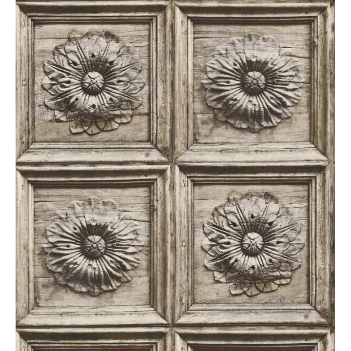 Papel pintado cuarterones con rosetones efecto madera tallada envejecida - Napoli 679617