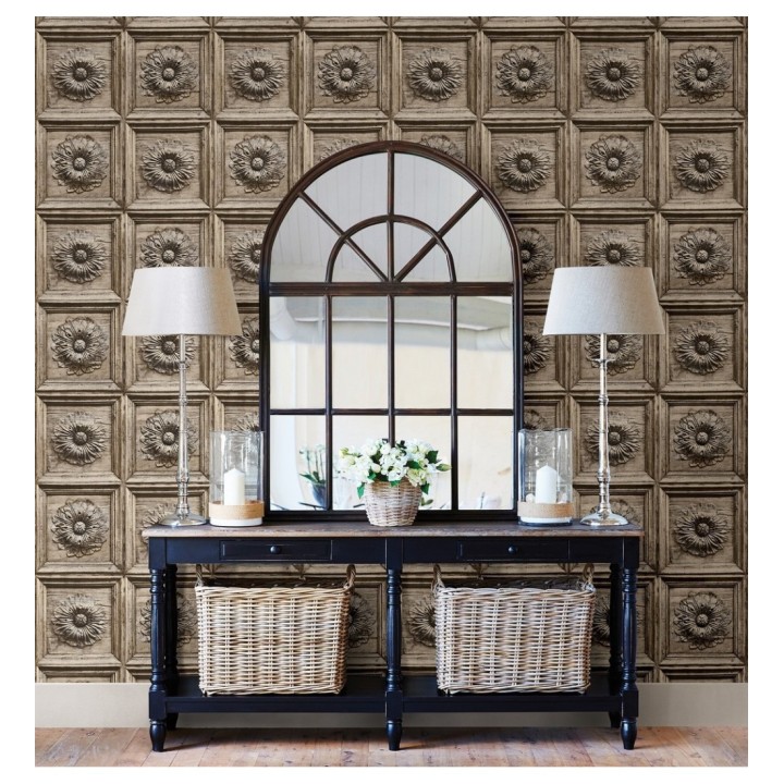 Papel pintado cuarterones con rosetones efecto madera tallada envejecida - Napoli 679617