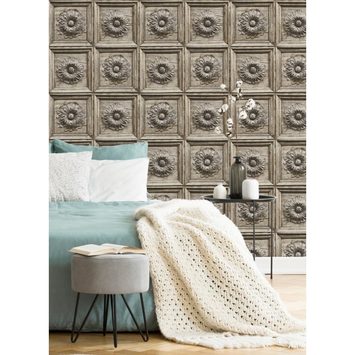 Papel pintado cuarterones con rosetones efecto madera tallada envejecida - Napoli 679617