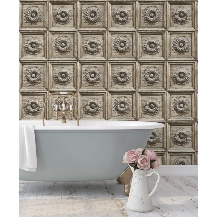 Papel pintado cuarterones con rosetones efecto madera tallada envejecida - Napoli 679617