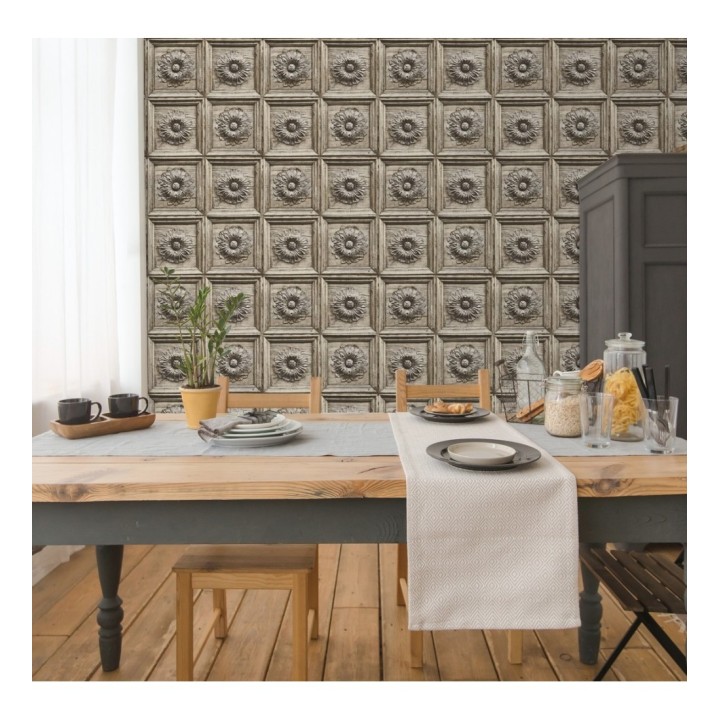 Papel pintado cuarterones con rosetones efecto madera tallada envejecida - Napoli 679617