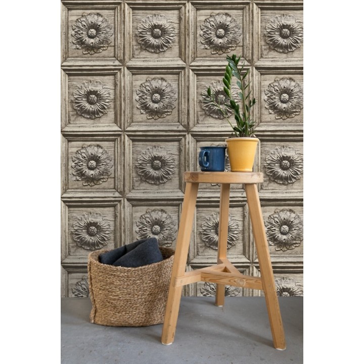 Papel pintado cuarterones con rosetones efecto madera tallada envejecida - Napoli 679617