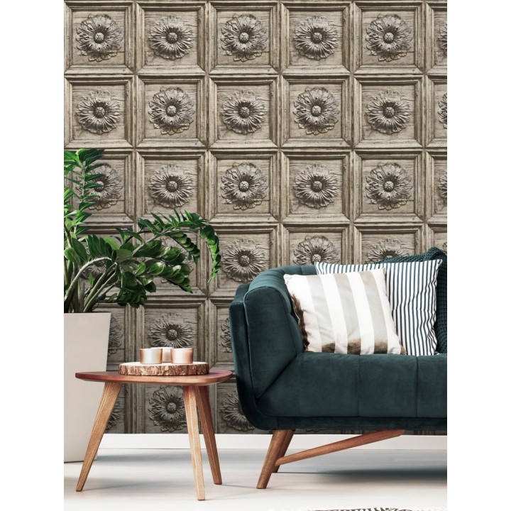 Papel pintado cuarterones con rosetones efecto madera tallada envejecida - Napoli 679617