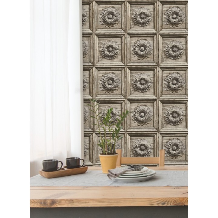 Papel pintado cuarterones con rosetones efecto madera tallada envejecida - Napoli 679617