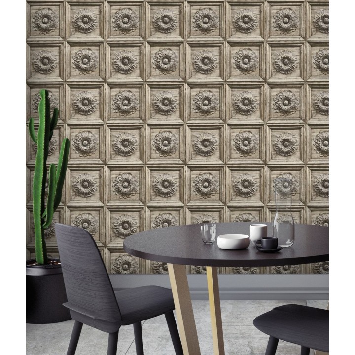 Papel pintado cuarterones con rosetones efecto madera tallada envejecida - Napoli 679617