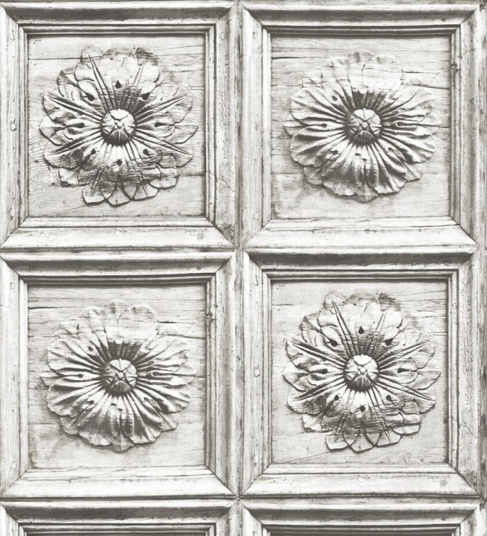 Papel pintado cuarterones con rosetones efecto madera tallada envejecida - Napoli 679618