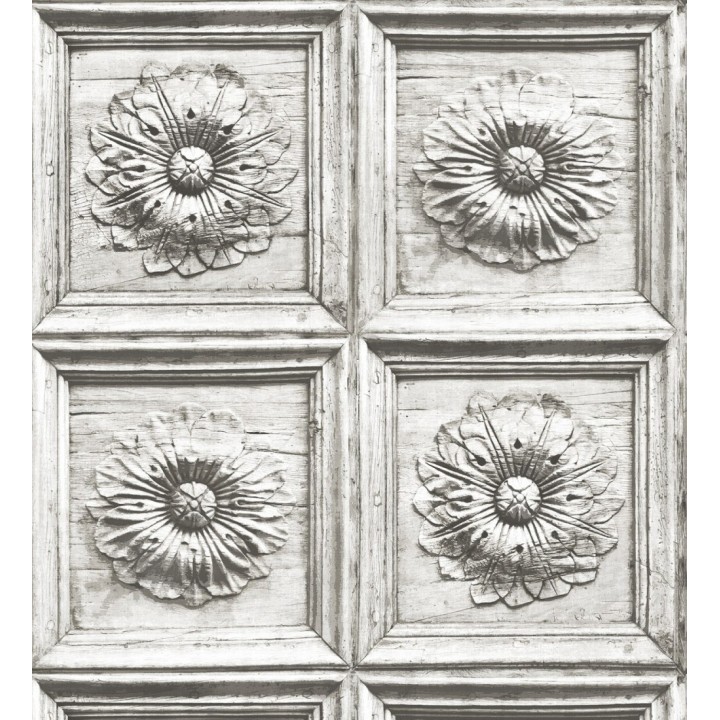 Papel pintado cuarterones con rosetones efecto madera tallada envejecida - Napoli 679618