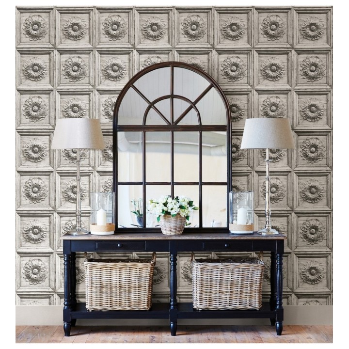 Papel pintado cuarterones con rosetones efecto madera tallada envejecida - Napoli 679618