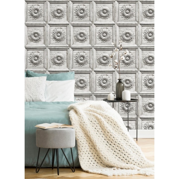 Papel pintado cuarterones con rosetones efecto madera tallada envejecida - Napoli 679618