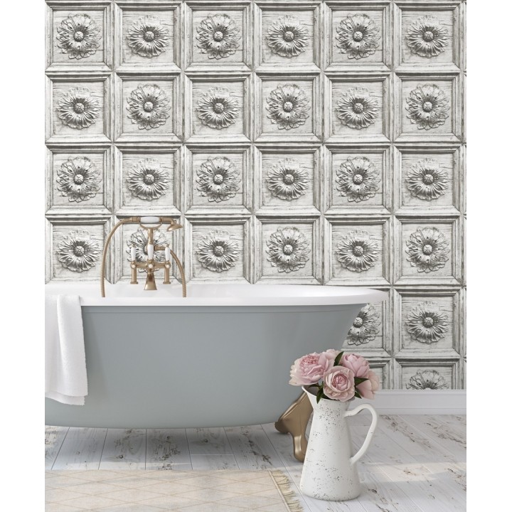 Papel pintado cuarterones con rosetones efecto madera tallada envejecida - Napoli 679618