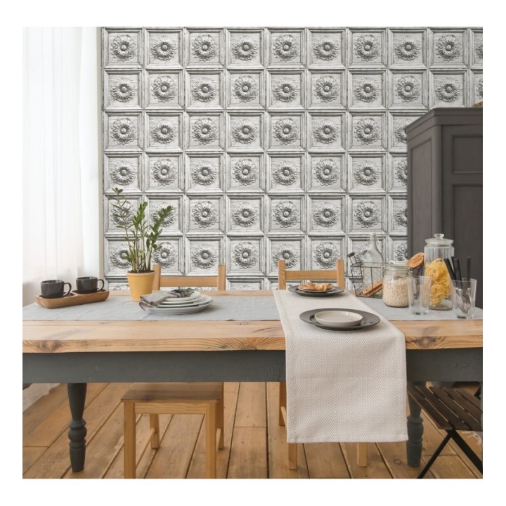 Papel pintado cuarterones con rosetones efecto madera tallada envejecida - Napoli 679618