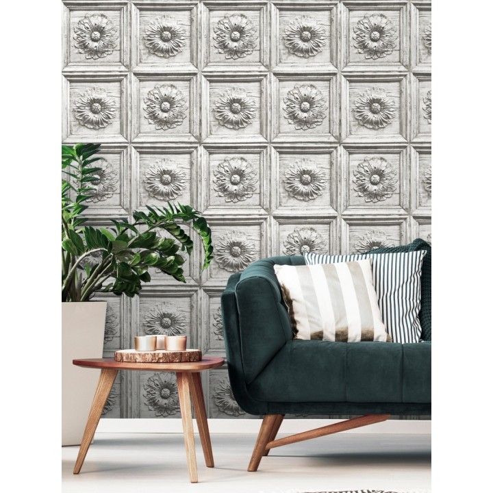 Papel pintado cuarterones con rosetones efecto madera tallada envejecida - Napoli 679618