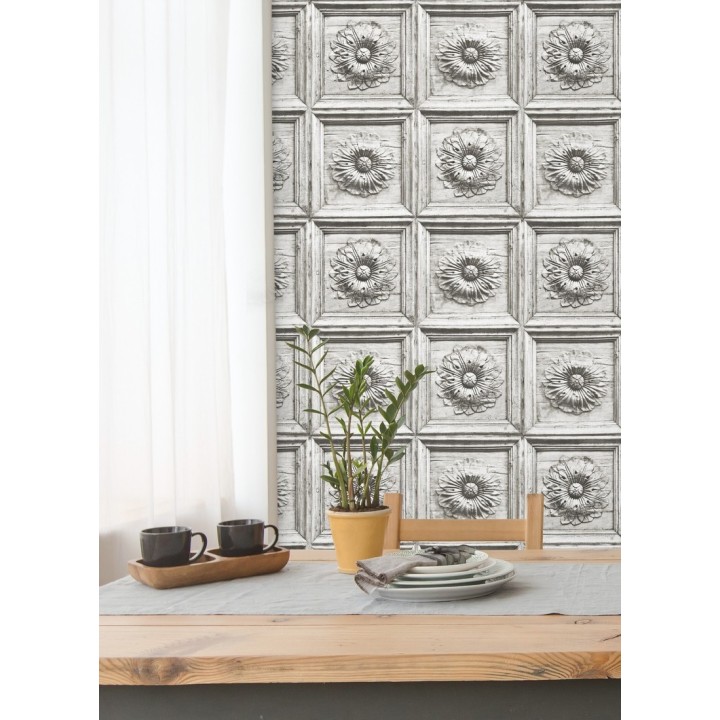 Papel pintado cuarterones con rosetones efecto madera tallada envejecida - Napoli 679618