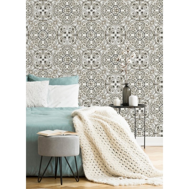 Papel pintado rosetones efecto azulejo tonos oscuros estilo árabe - Nazar 679625