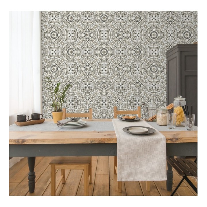Papel pintado rosetones efecto azulejo tonos oscuros estilo árabe - Nazar 679625