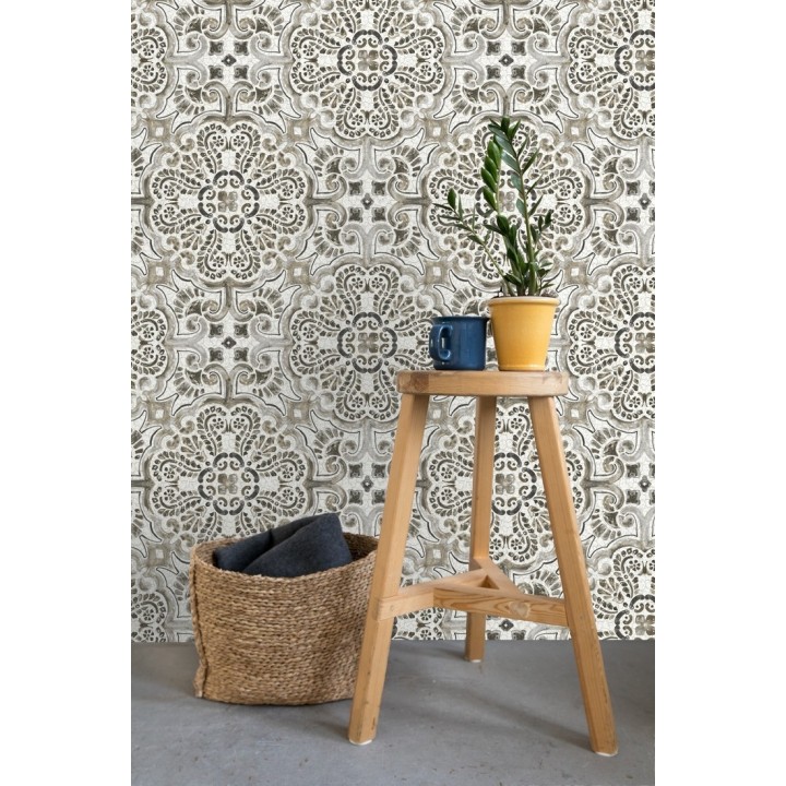 Papel pintado rosetones efecto azulejo tonos oscuros estilo árabe - Nazar 679625