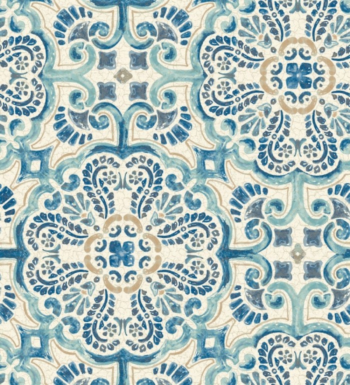 Papel pintado rosetones efecto azulejo tonos azules estilo árabe - Nazar 679626