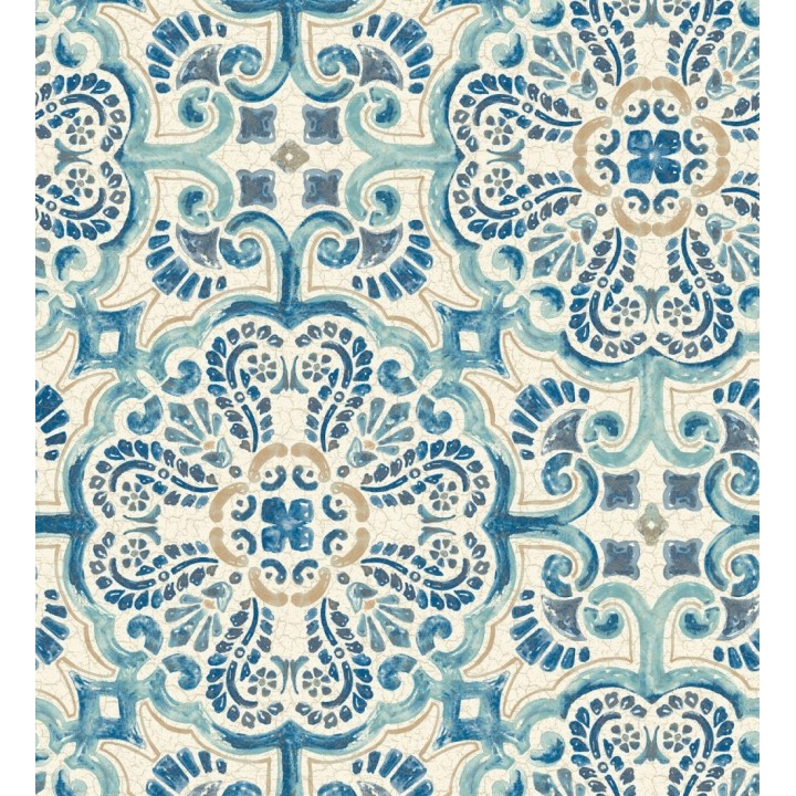 Papel pintado rosetones efecto azulejo tonos azules estilo árabe - Nazar 679626