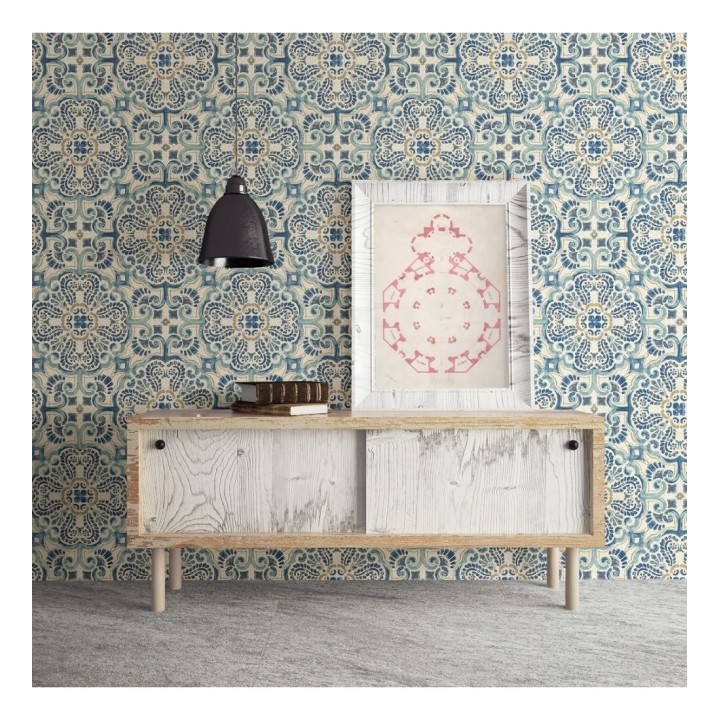 Papel pintado rosetones efecto azulejo tonos azules estilo árabe - Nazar 679626