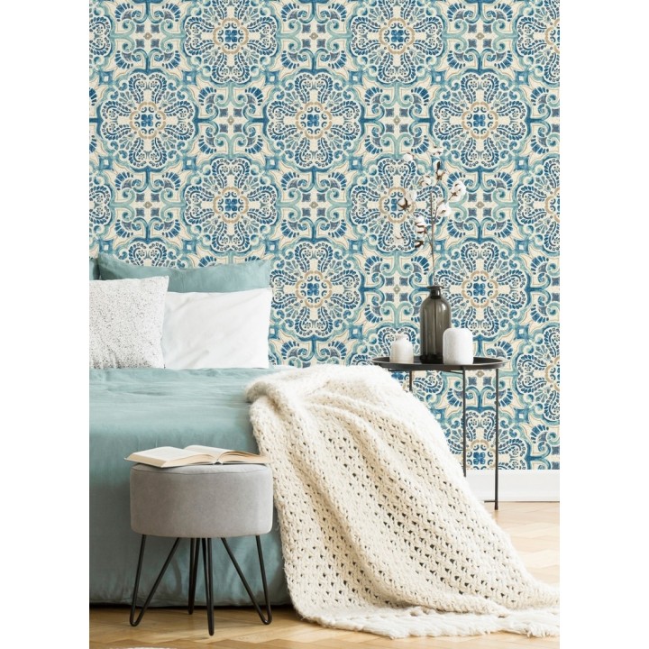 Papel pintado rosetones efecto azulejo tonos azules estilo árabe - Nazar 679626