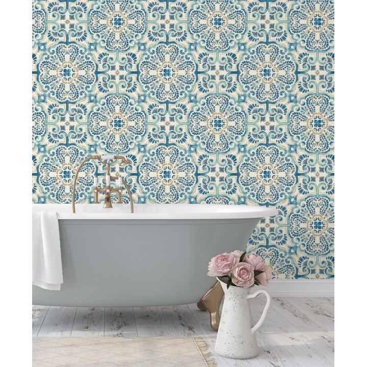 Papel pintado rosetones efecto azulejo tonos azules estilo árabe - Nazar 679626