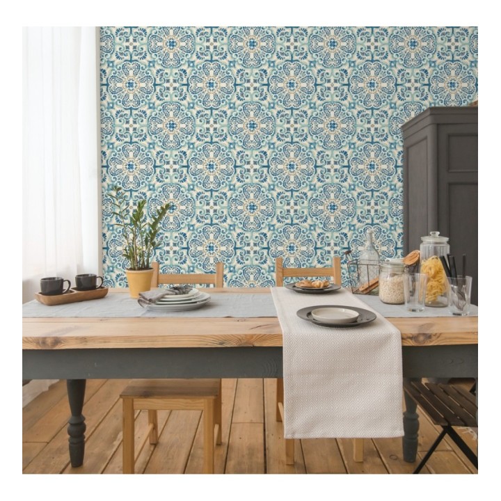 Papel pintado rosetones efecto azulejo tonos azules estilo árabe - Nazar 679626